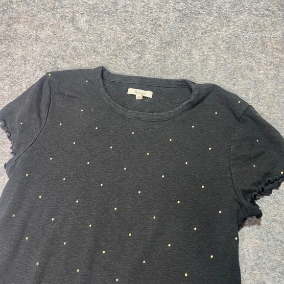 Madewell Black T-Shirt with Gold Dots and Ruffle Trim Short Sleeve Top - Picture 1 of 7